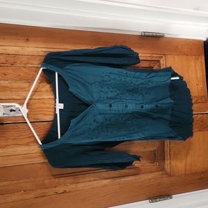 Dalia button down, embroidered shirt. Dark teal, medium, 3/4 sleeve